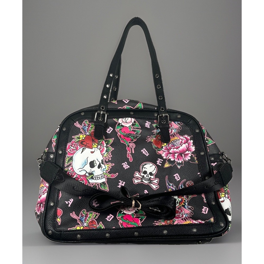 ED HARDY Womens Satchel Crossbody Bag Tattoo Skull Rose Print Medium Black